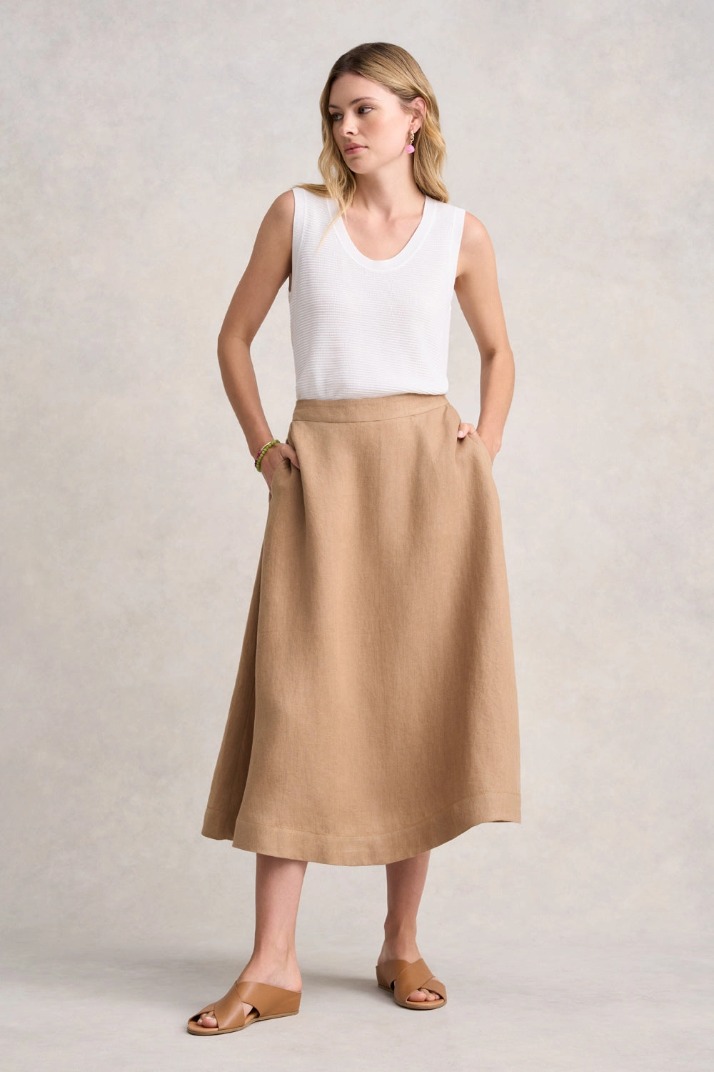 Twill Linen Midi Skirt - Camel Twill
