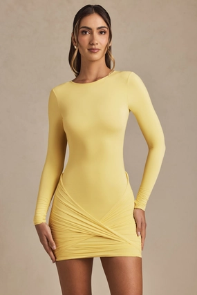 Twist-Front Ruched Backless Mini Dress in Pastel Yellow Dresses - lace dresses best price