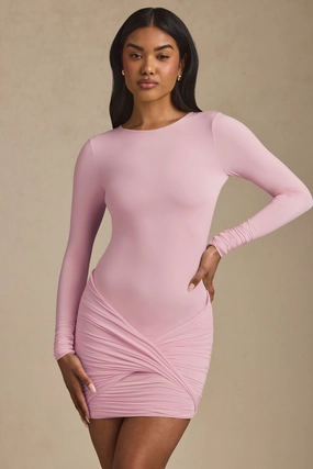 Twist-Front Ruched Backless Mini Dress in Soft Pink Dresses - wrap dresses discount