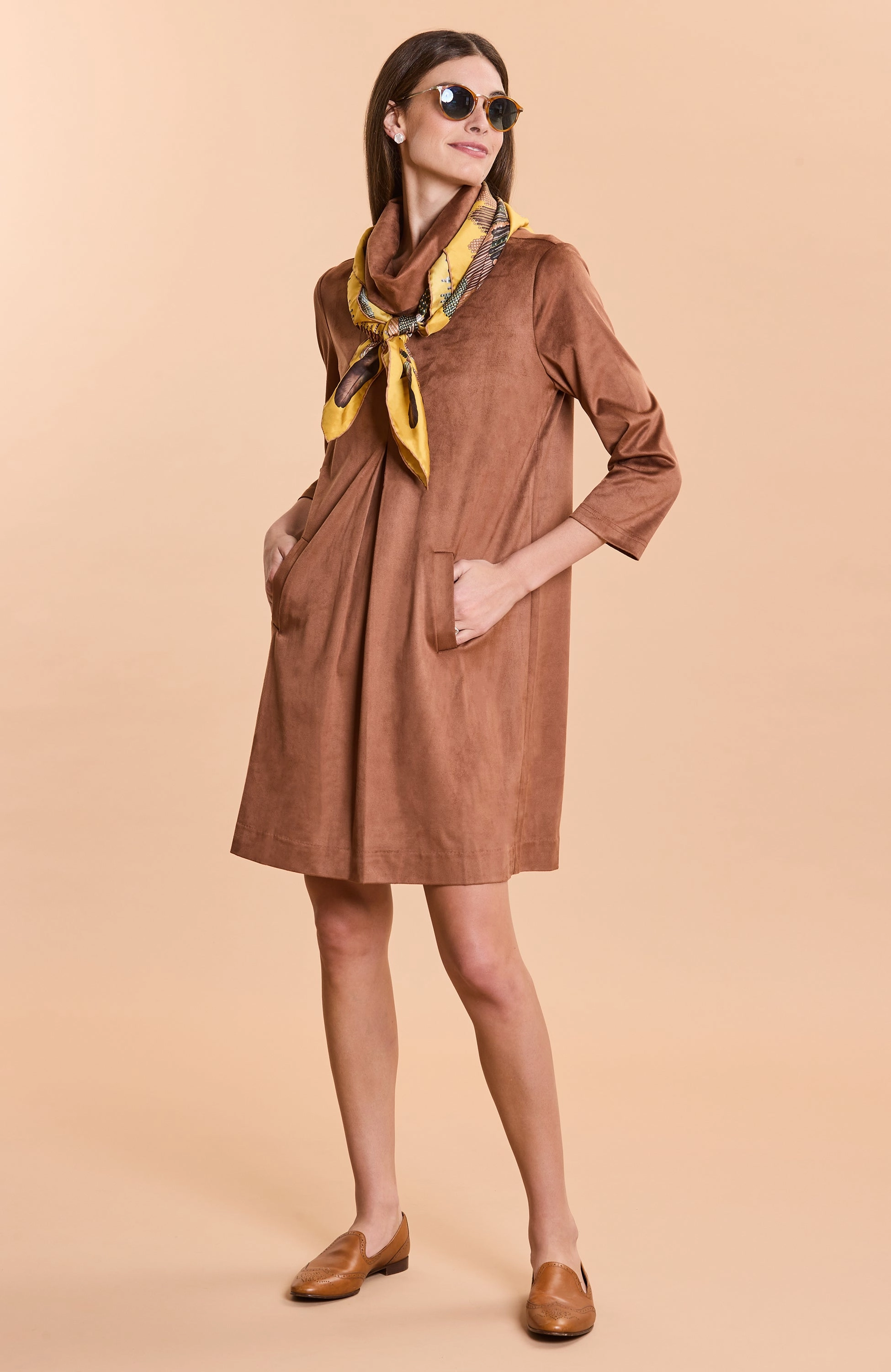 Tyler Be Kim Cowl Faux Suede Dress - Saddle