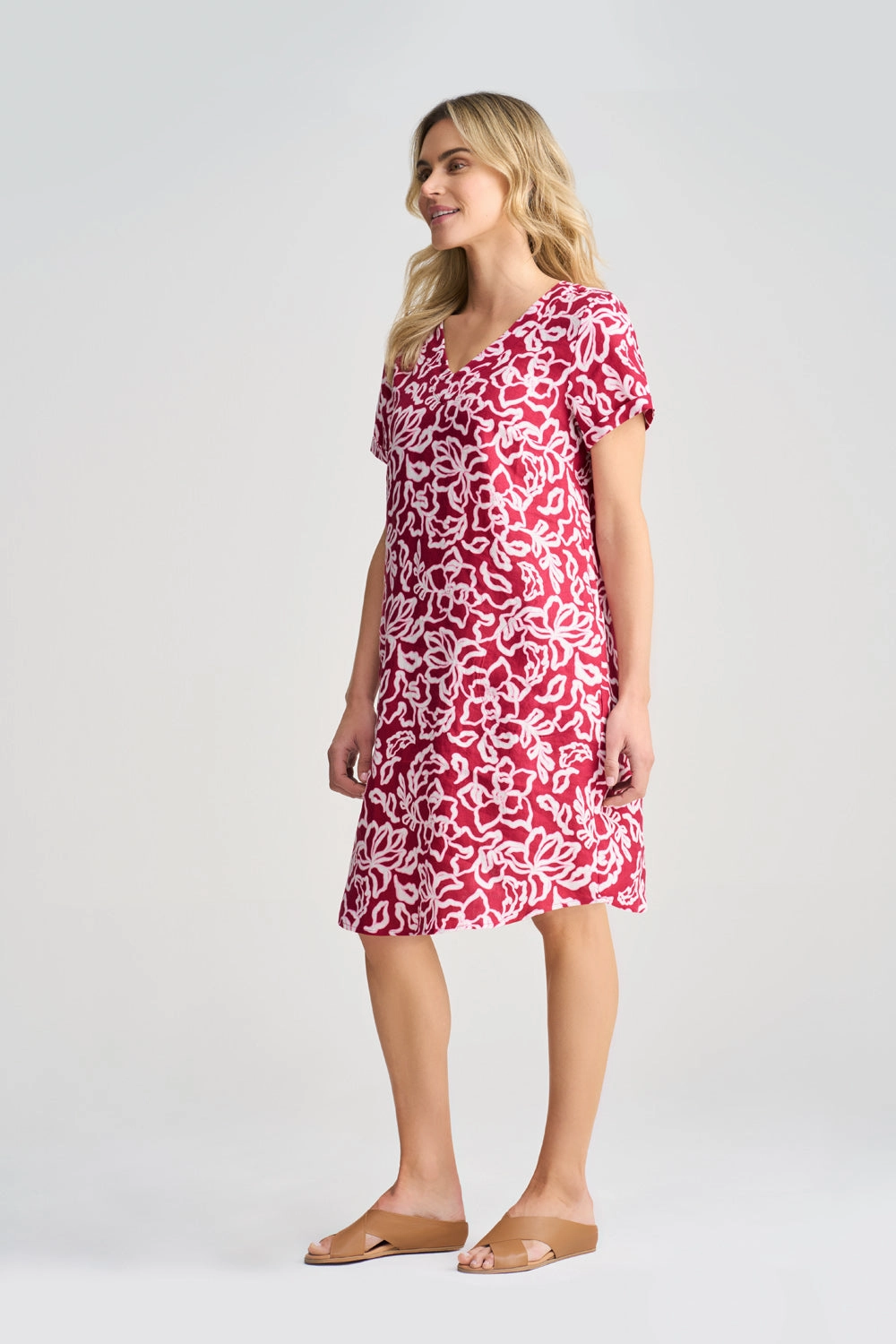 V-Neck Linen Dress - Pink & White Floral