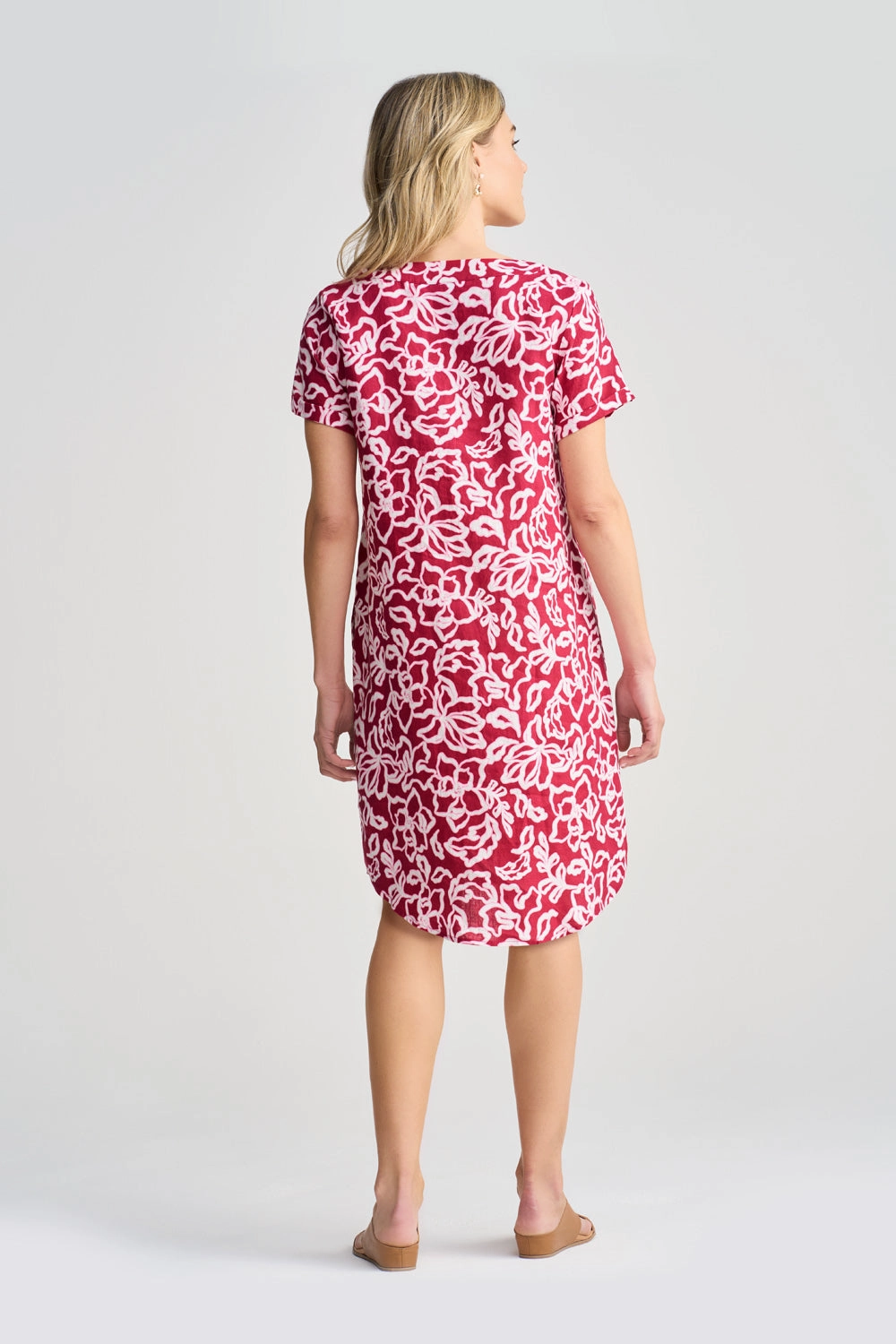 V-Neck Linen Dress - Pink & White Floral