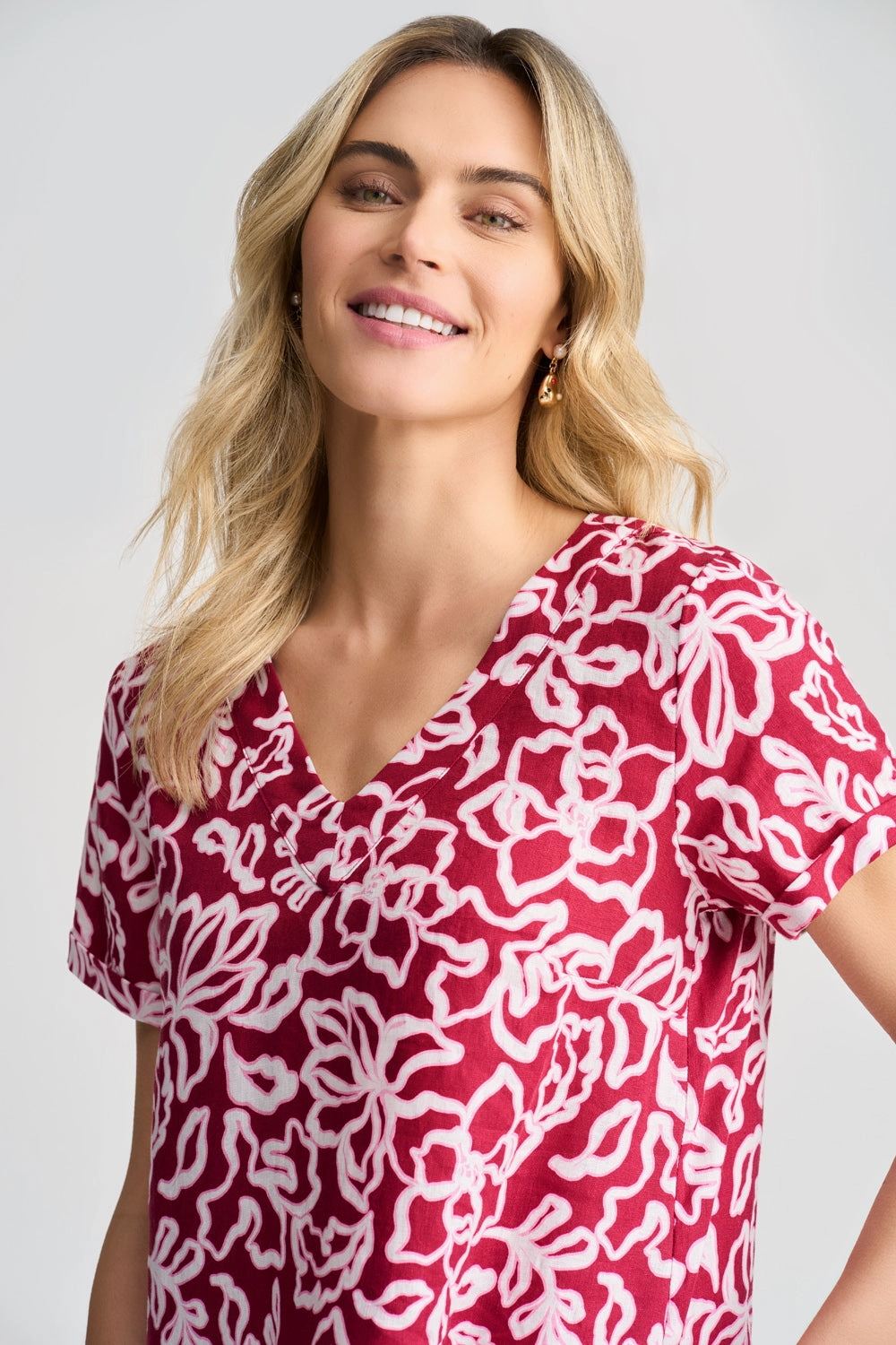 V-Neck Linen Dress - Pink & White Floral