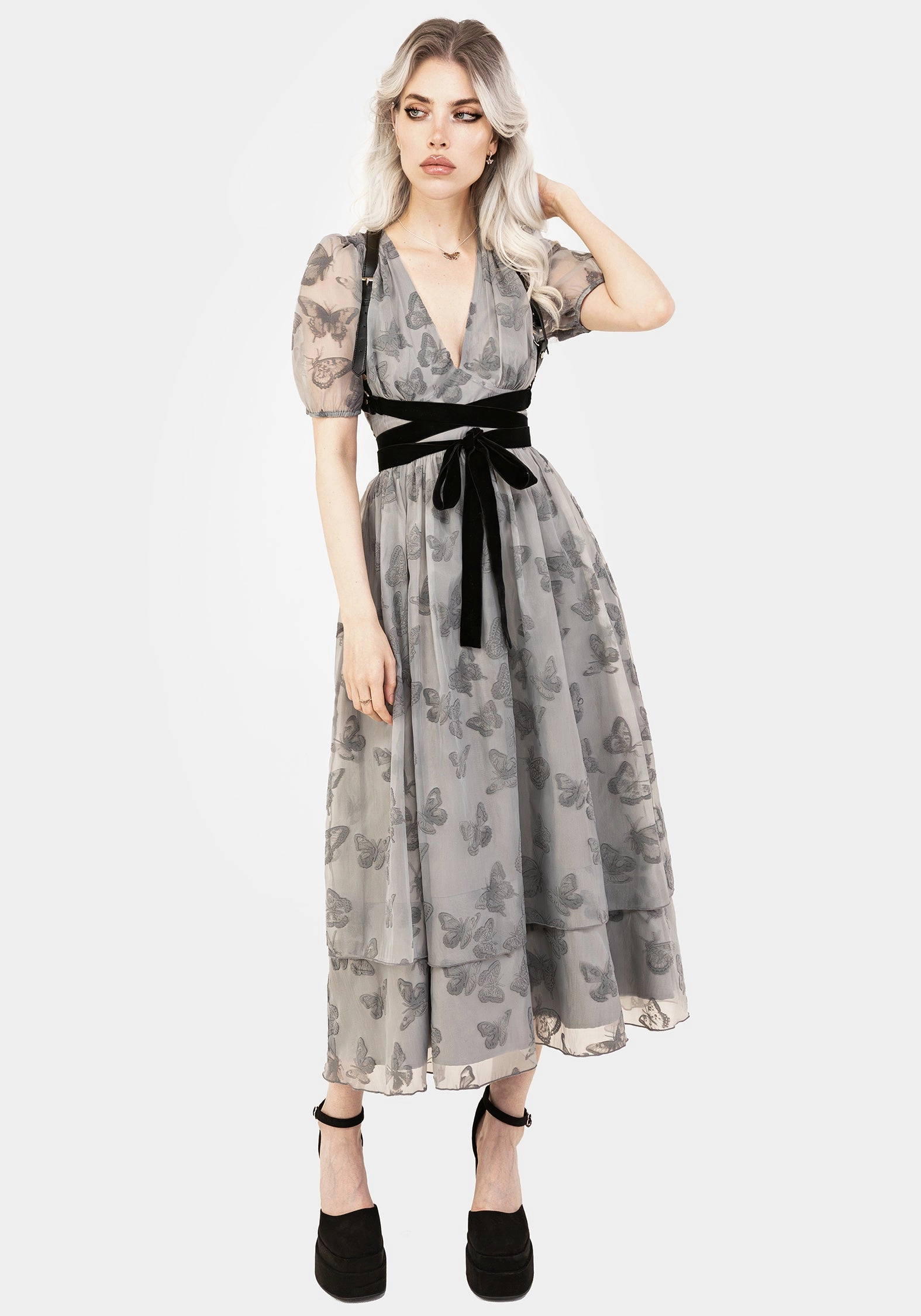 Vanessa Butterfly Print Organza Puff Sleeve Midaxi Dress
