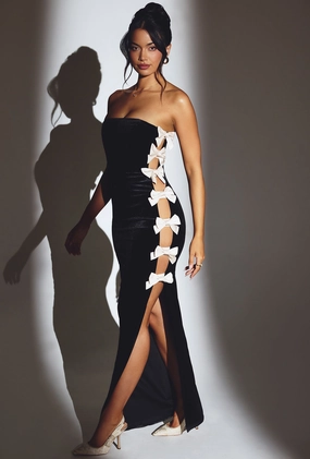 Velvet Bow Detail Maxi Dress in Jet Black Dresses - sundresses outlet