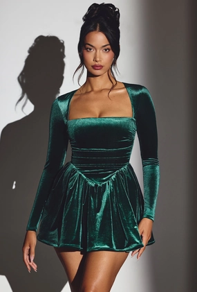 Velvet Long Sleeve Corset Mini Dress in Emerald Green Dresses - lace dresses best price