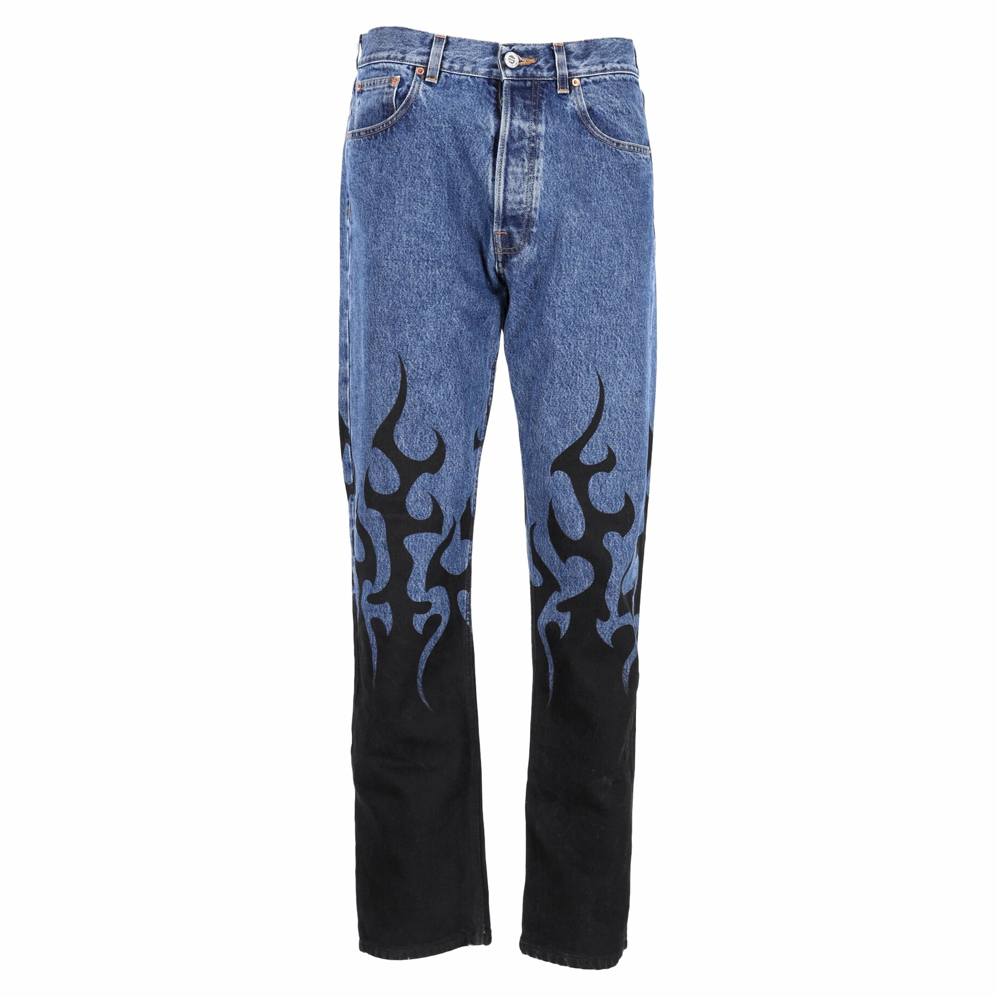 Vetements Flame Print Straight-Leg Jeans in Blue Cotton Denim