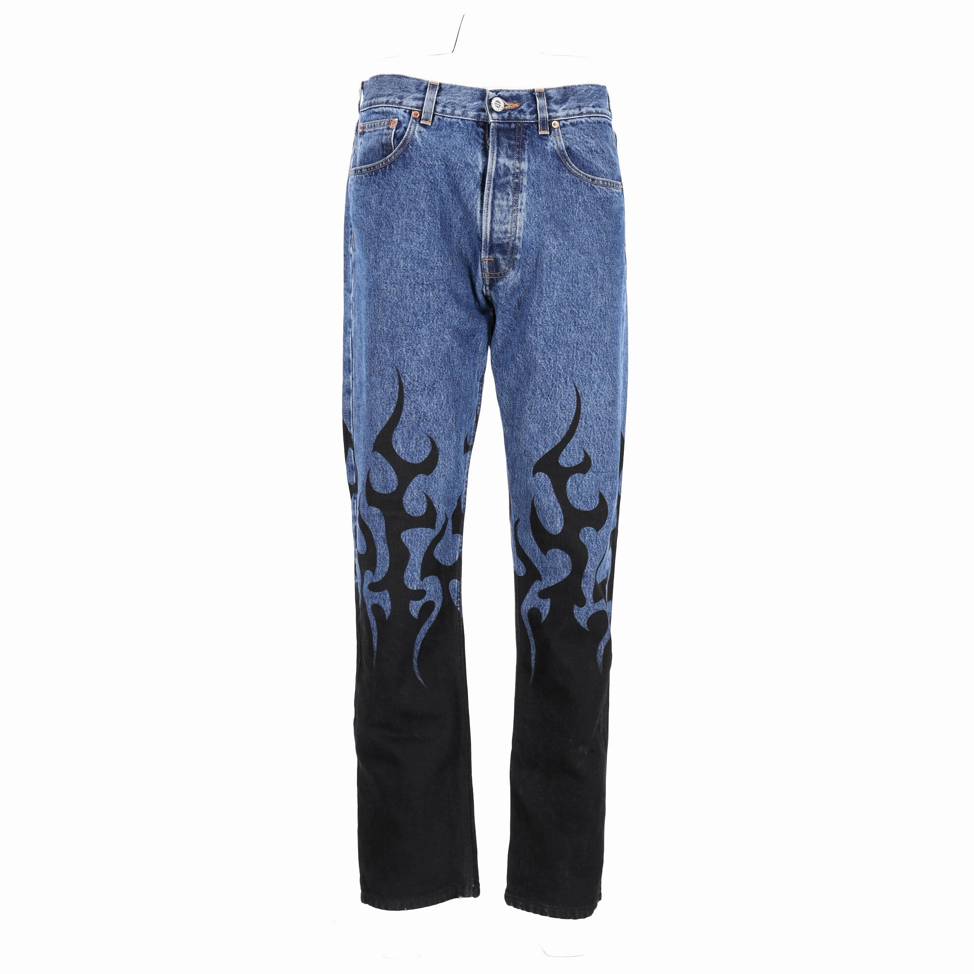 Vetements Flame Print Straight-Leg Jeans in Blue Cotton Denim