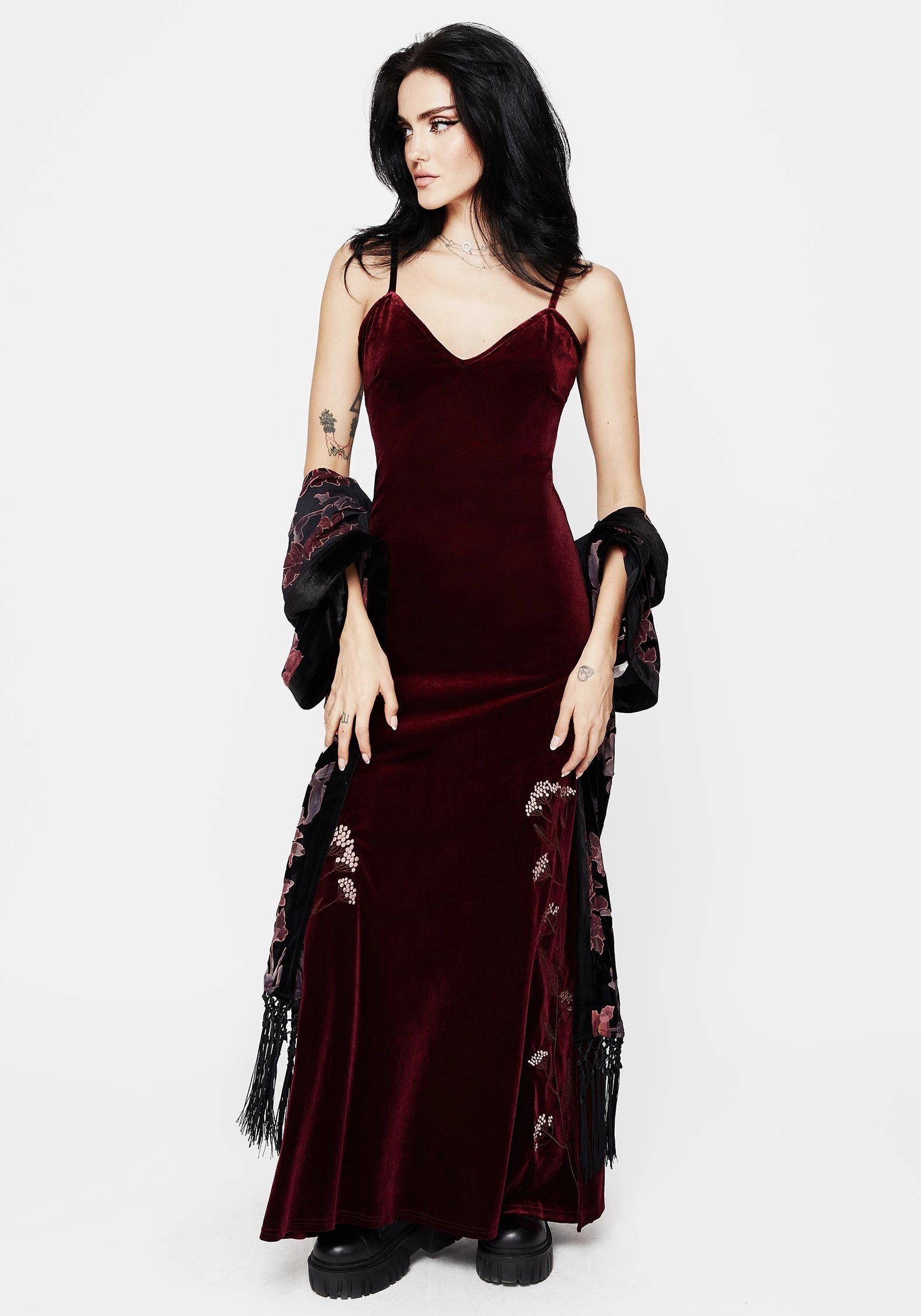 Virosa Floral Embroidered Velour Gown