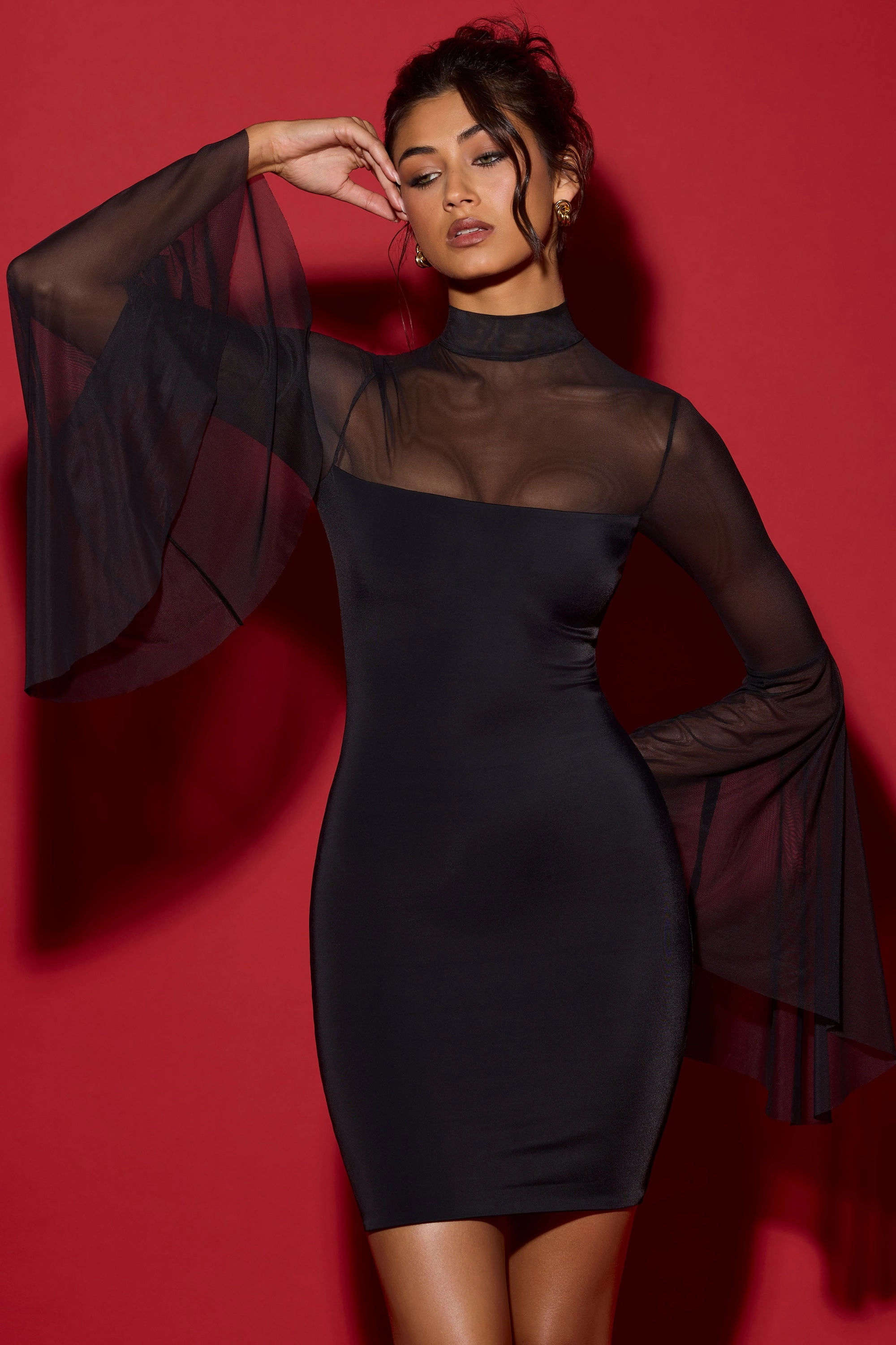 Waterfall-Sleeve Mini Dress in Black Dresses - sundresses outlet