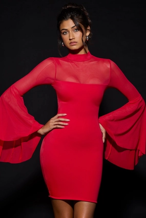 Waterfall-Sleeve Mini Dress in Fire Red Dresses - lace dresses best price