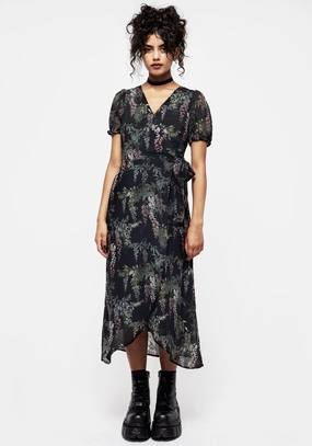 Wisteria Floral Print Chiffon Midi Wrap Dress Dresses Womens - summer dresses discount