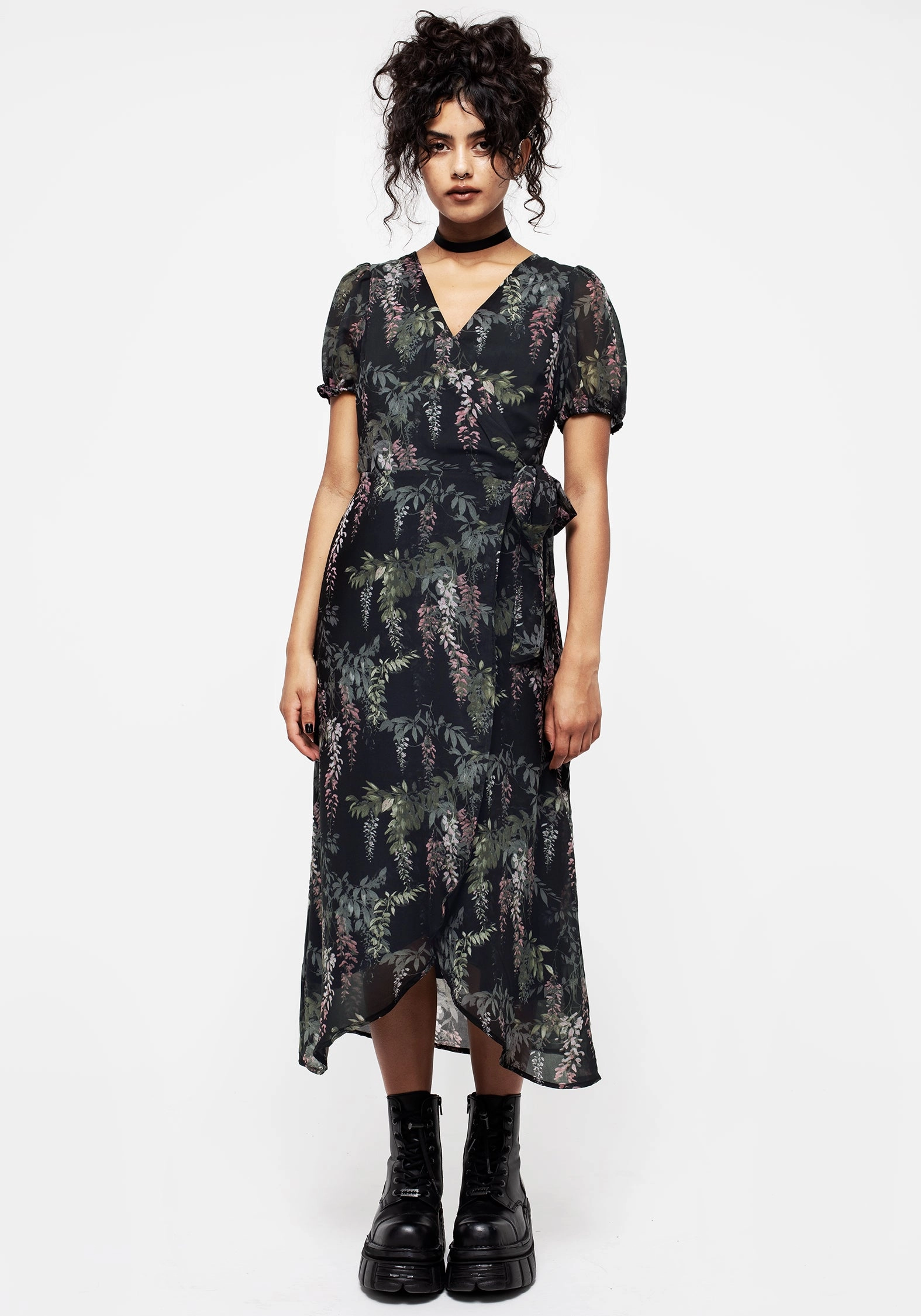Wisteria Floral Print Chiffon Midi Wrap Dress Dresses Womens - summer dresses discount