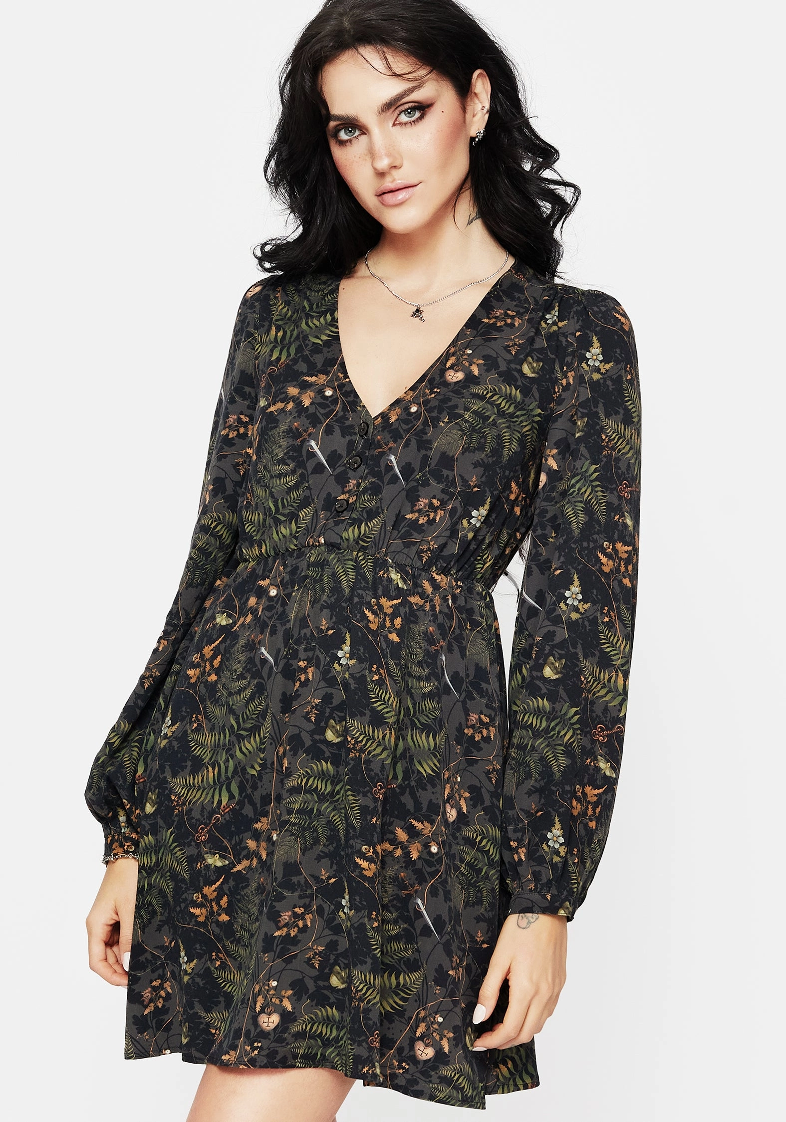 Wither Fern Print Balloon Sleeve Mini Dress Dresses Womens - wedding guest outfits