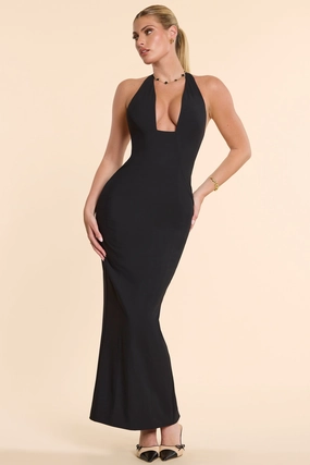 Woven Twill Halter Neck Plunge Maxi Dress in Black Dresses - midi dresses clearance