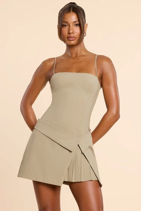 Woven Twill Wrap Over Pleated Mini Dress in Taupe Dresses - lace dresses best price