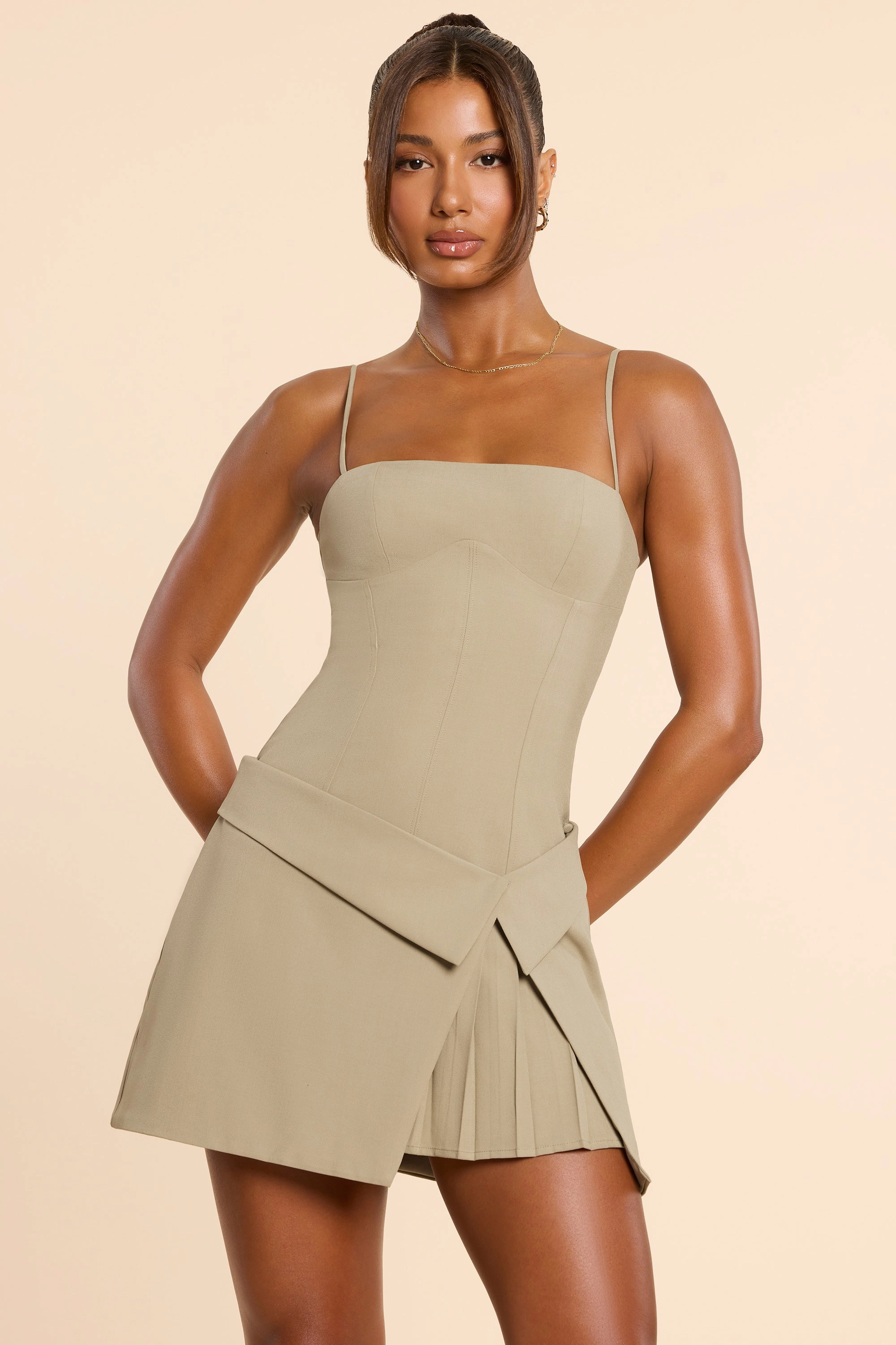 Woven Twill Wrap Over Pleated Mini Dress in Taupe Dresses - lace dresses best price