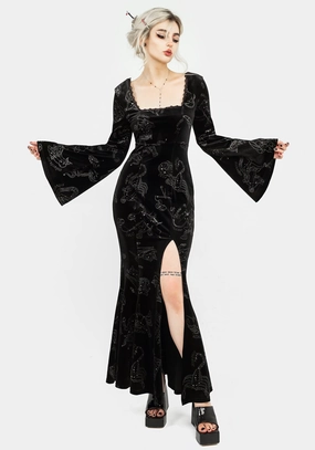 Zodiac Foil Print Velour Flute Sleeve Maxi Gown Dresses Womens - beach dresses cheap